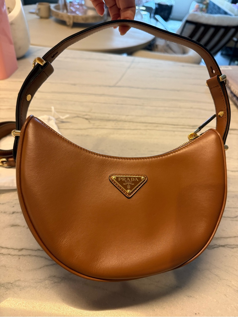 Prada Tan Crescent Leather Shoulder Bag with Gold Logo